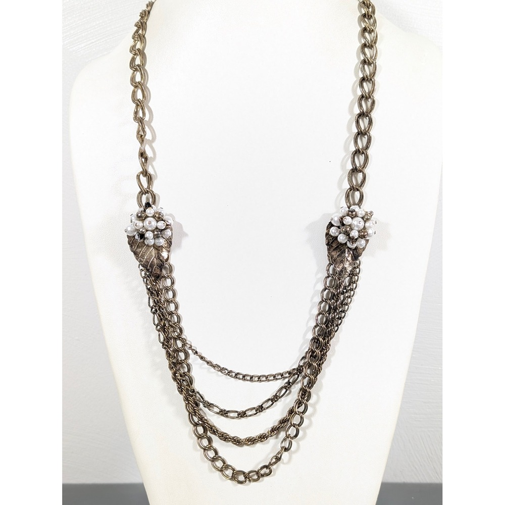 Bronze Tone Multi Chain Layered Necklace Faux Pearl Cluster Leaf Accents 29.5"‎